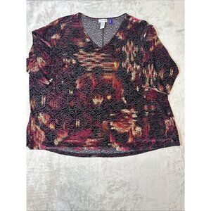 Catherines Top 3XWP Burnout Velvet Floral V-Neck 3/4 Sleeve Stretch Blouse